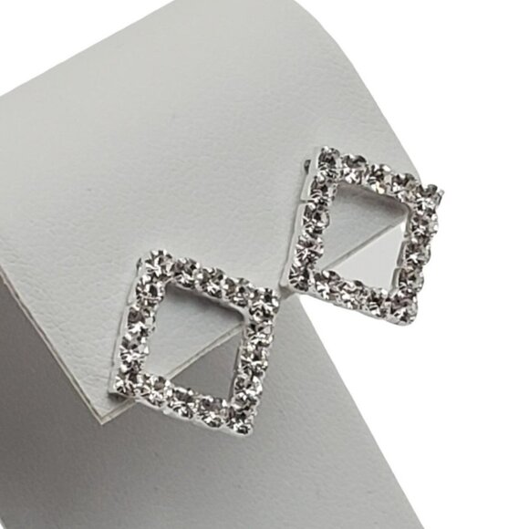 925 Silver Square Frame Rhinestone Post Earrings - Picture 1 of 5